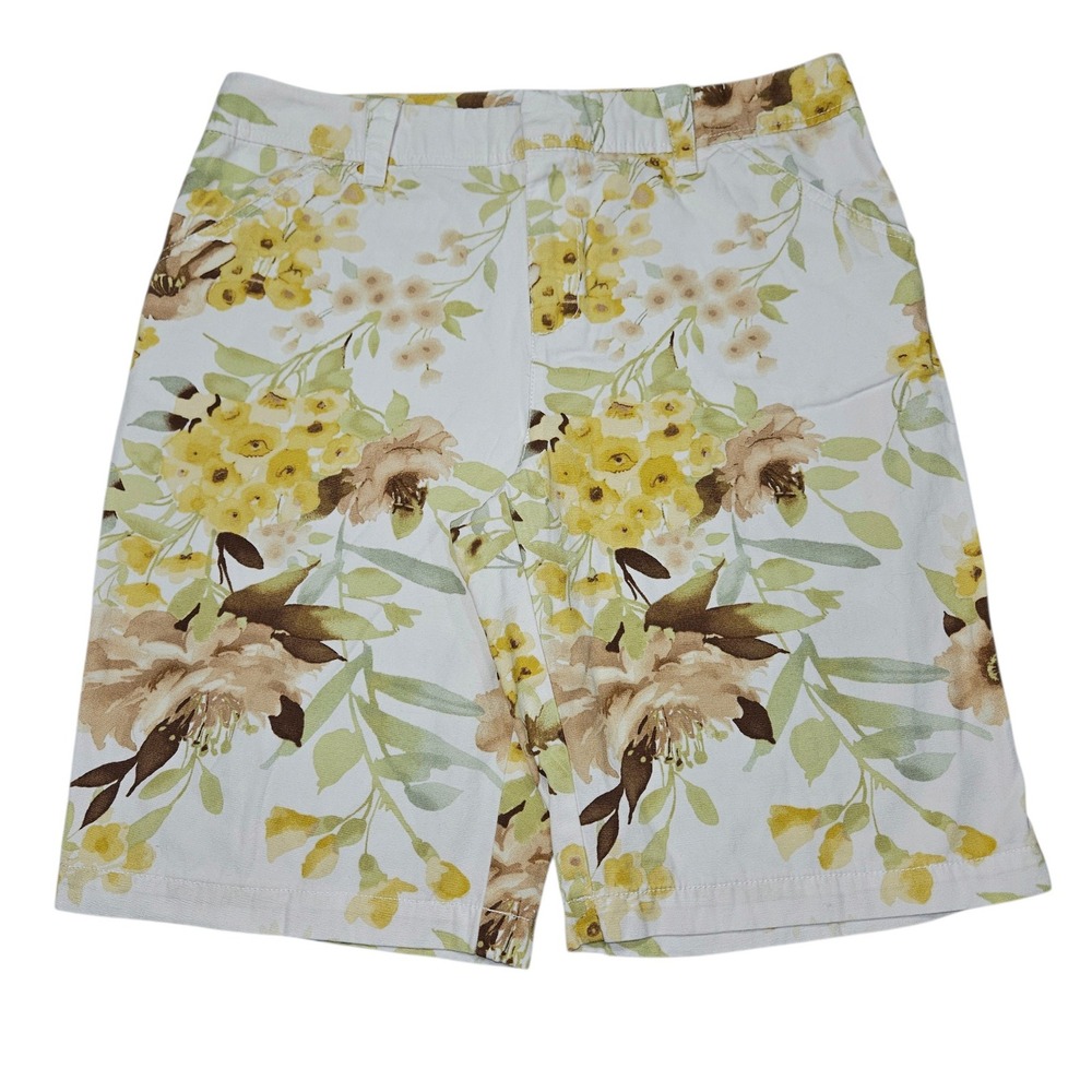 Caribbean Joe VTG Floral Cotton Tropical Shorts Yellow Tan Sz 12P